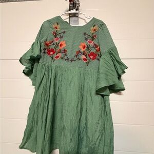 Umgee Kids Green Dress with Floral Embroidery